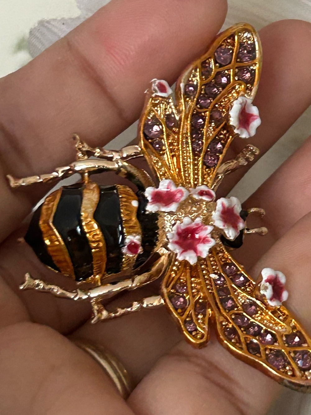 Gold-Tone Bee Brooch with Black and Pink Accents - Women's Jewelry